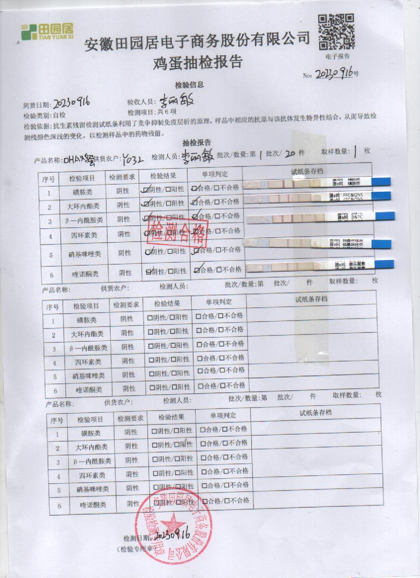 2023年9月16号鲜鸡蛋检测报告