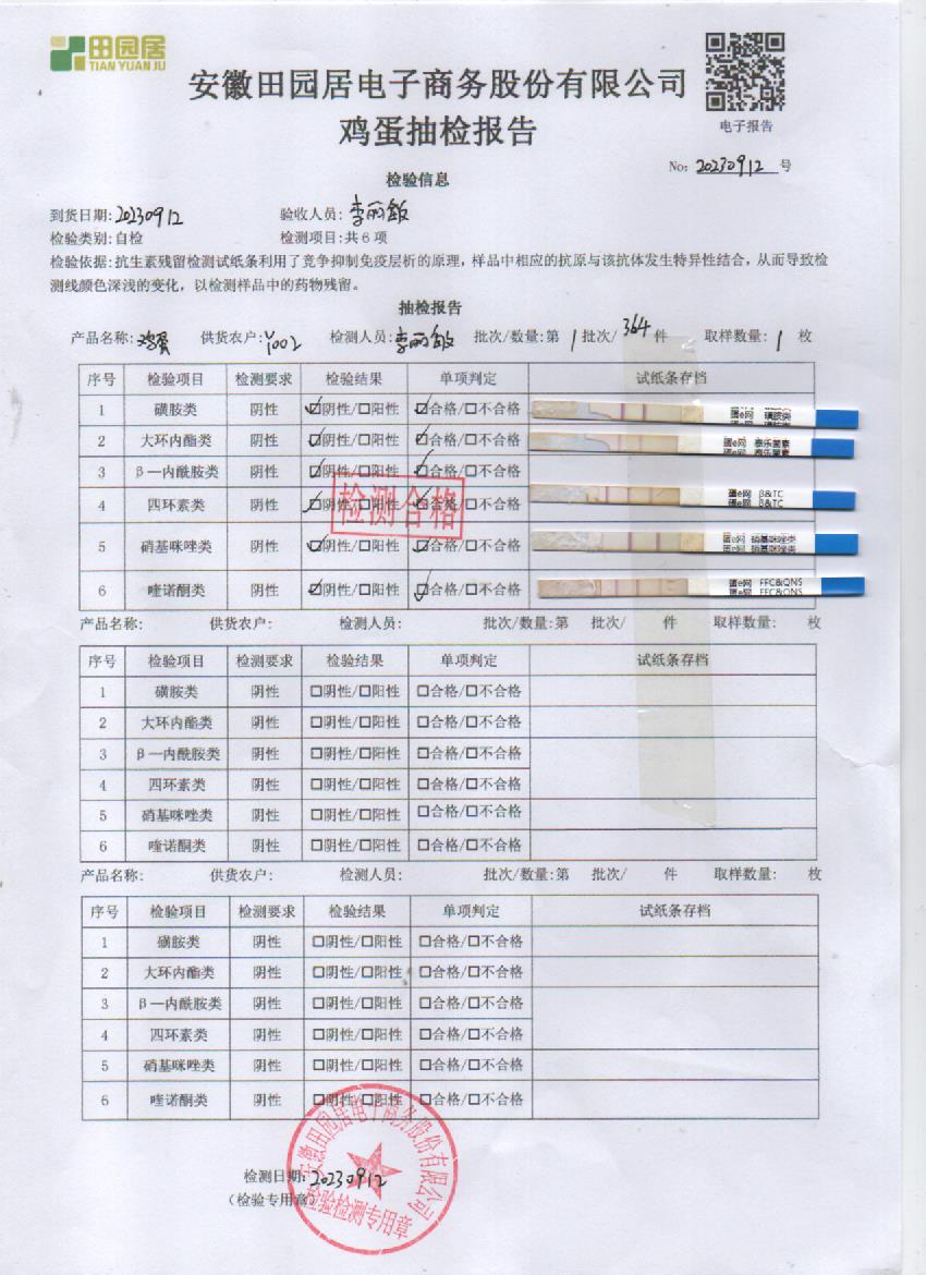 2023年9月12号鲜鸡蛋检测报告
